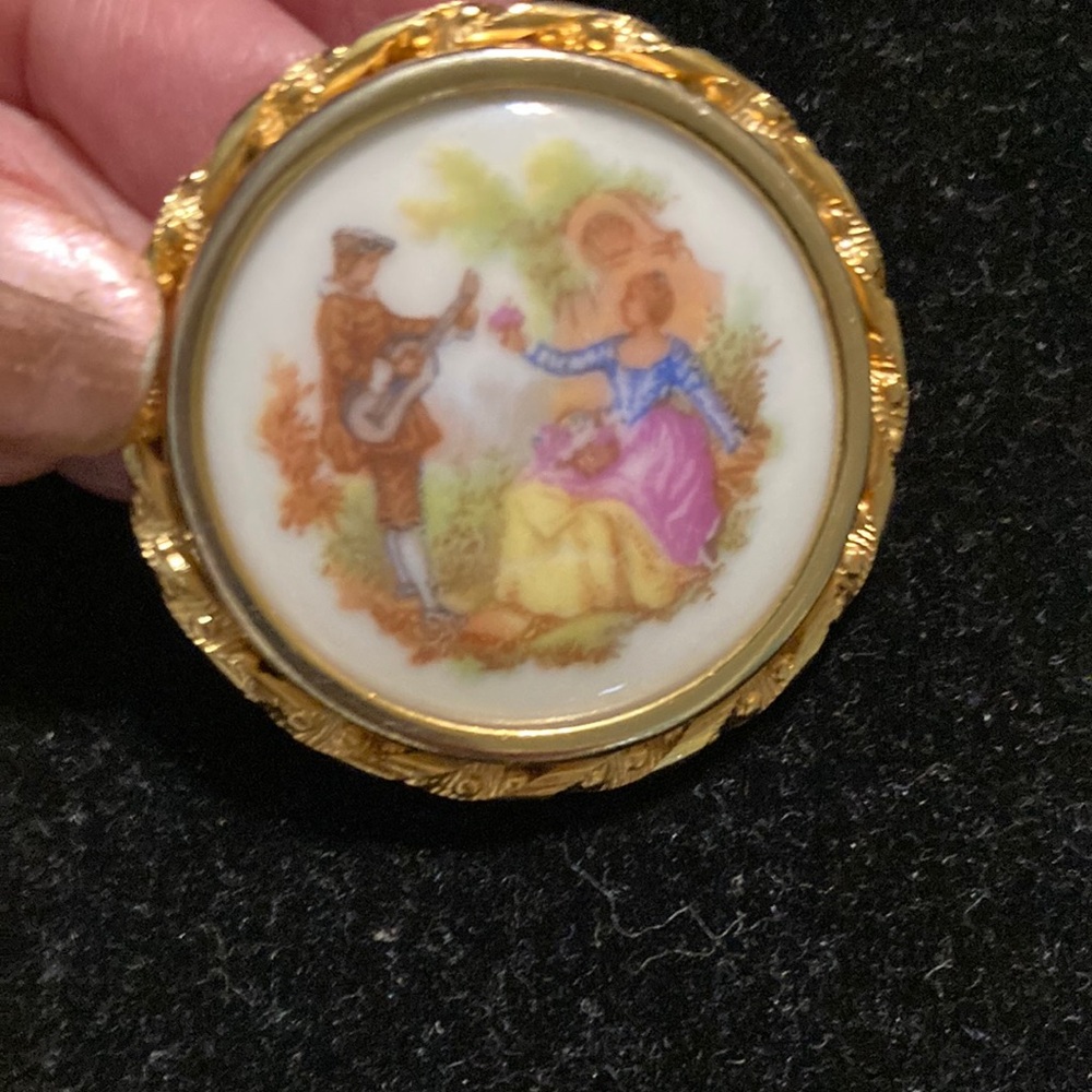 Vintage Porcelain Brooch with Pastel Scene a no piece